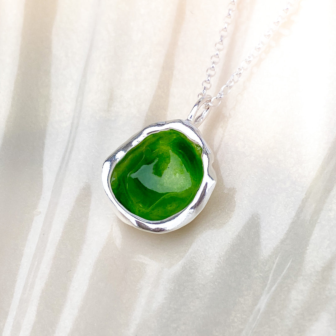 Sterling Silver 'Hidden Glen' Green Enamel Droplet Necklace
